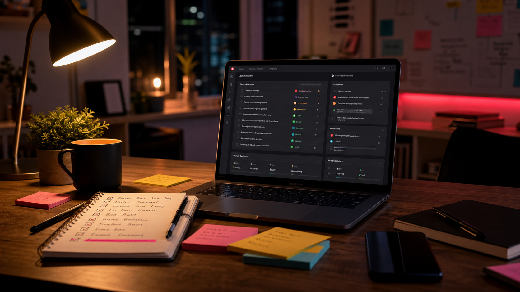 A founder bug investigation and release cleanup desk with a laptop dashboard, checklist notebook, and warm evening light.