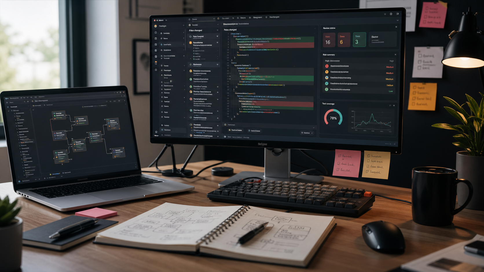 A solo developer repo review desk with monitors showing code review panels, risk cards, and architecture notes.